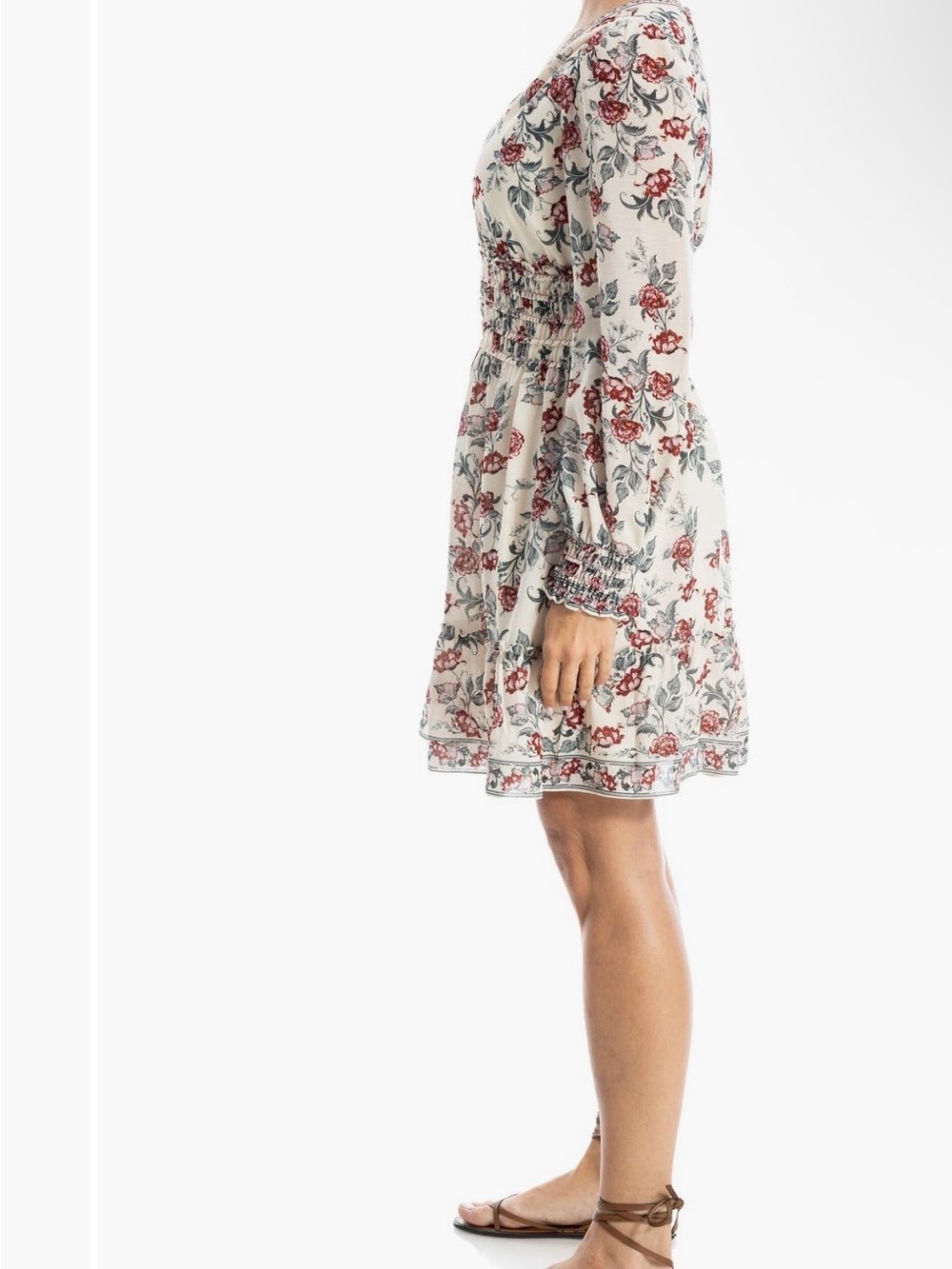 NWT Max Studio Georgette Floral Smocked Waist V-Neck Dress - Ivory, red - Picture 3 of 7